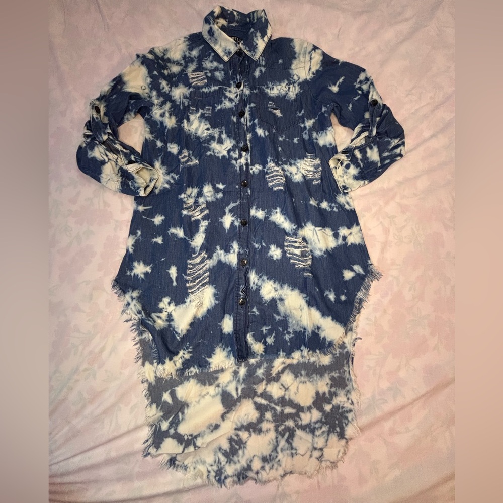Thrill Blue and Cream Ripped Distressed Denim Shirt